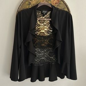 JSP polyester/lace/nylon short jacket. 22”long from shoulder to hem; 19”sleeve.